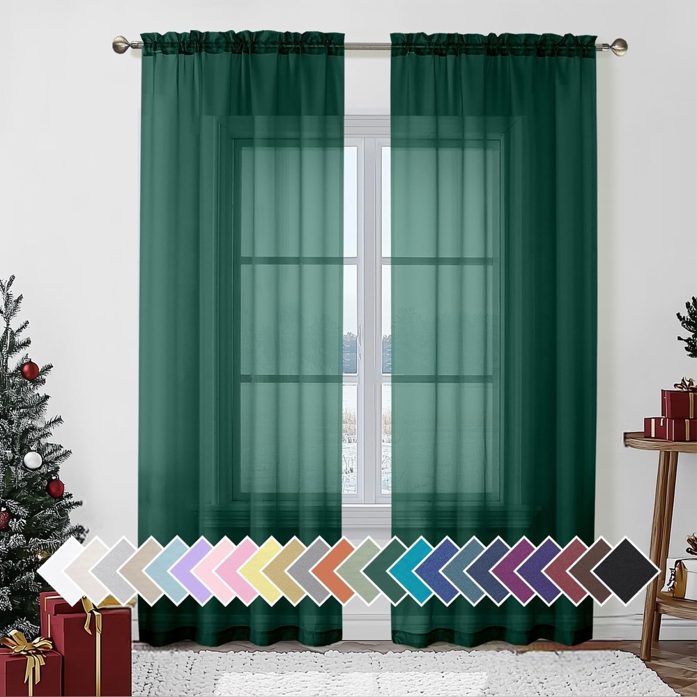 NEW Hunter Green Sheer Curtain Drapes 2 Panels 40” x 84” Light Filtering